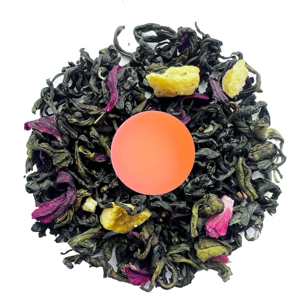 101 Peach Green Tea loose leaf blend with dried peach and hibiscus petals