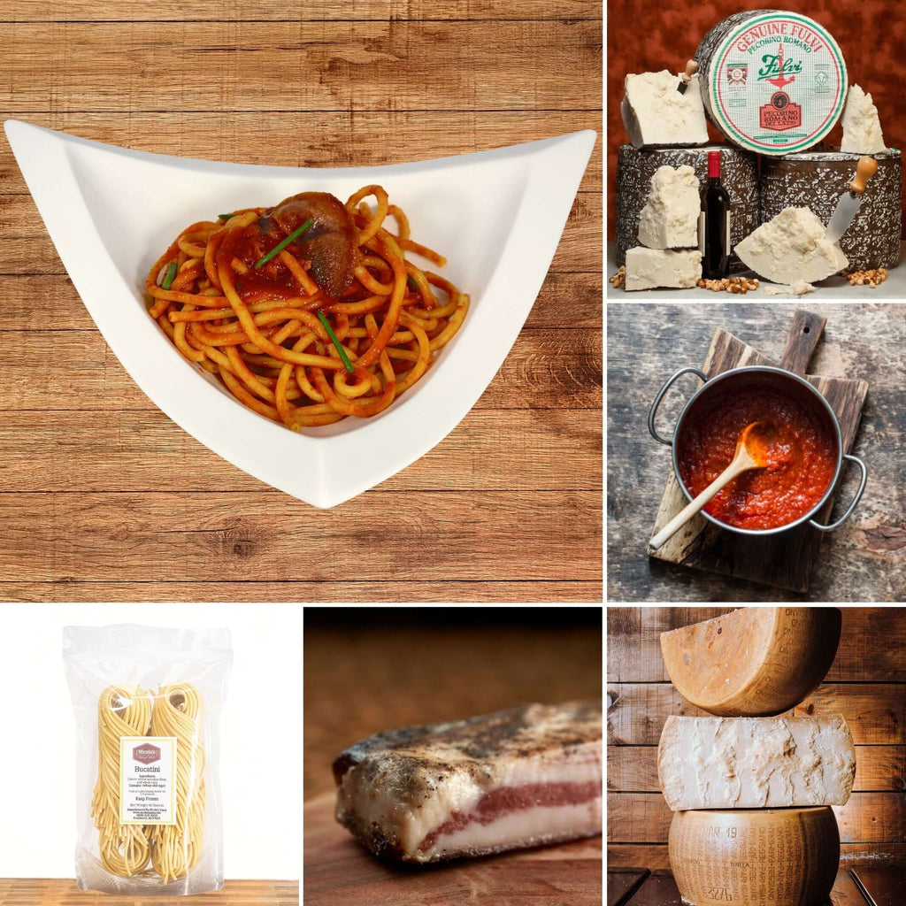 Bucatini All'Amatriciana Bundle featuring pasta, sauce, cheese, and ingredients for authentic Italian cooking.