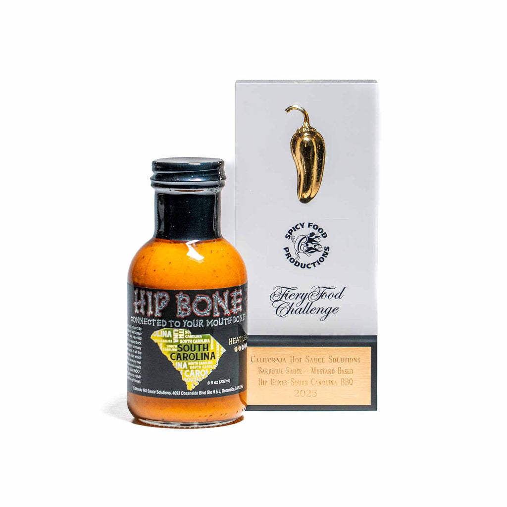 Hot sauce bottle with 'Hip Bone' label and packaging on a white background
