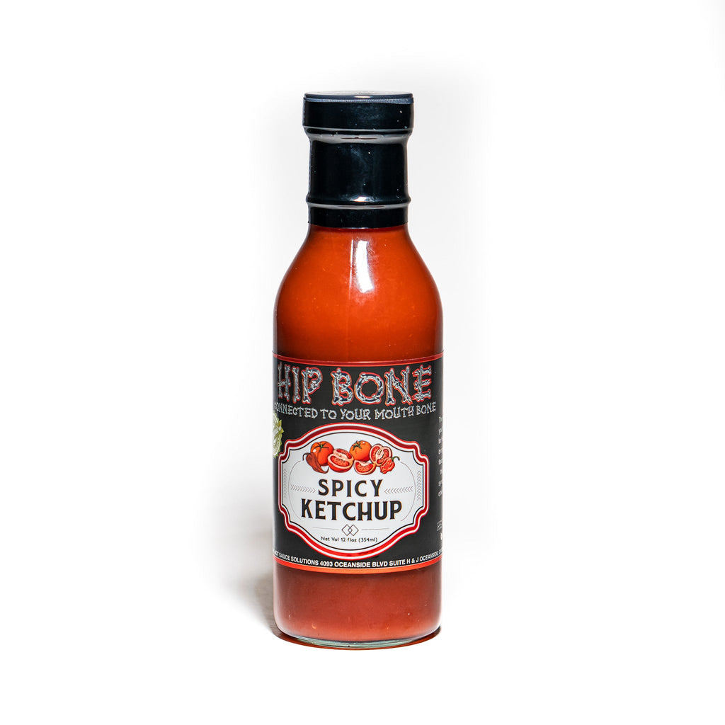 Bottle of Chip Bone Spicy Ketchup on a white background