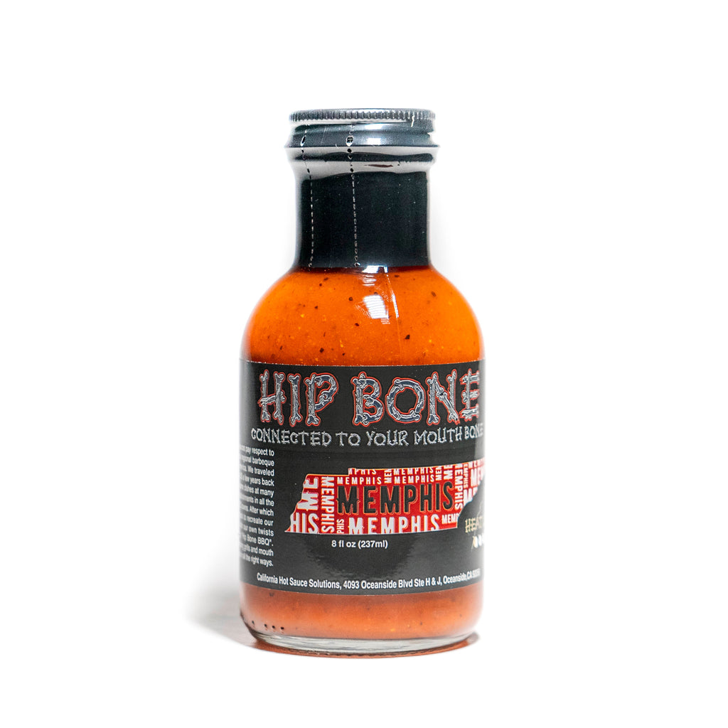 Bottle of Hip Bone Memphis hot sauce on a white background