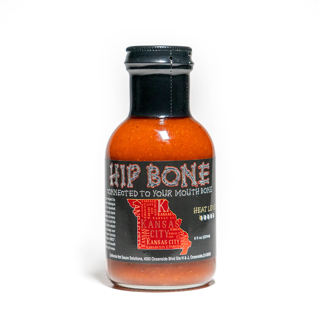 Bottle of Hip Bone Kansas City hot sauce on a white background