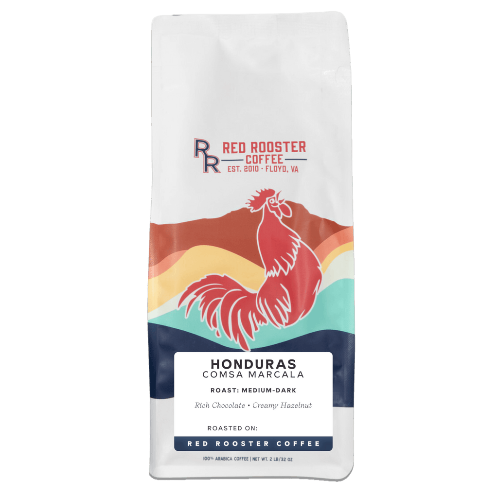 Red Rooster Coffee bag with a colorful rooster design 