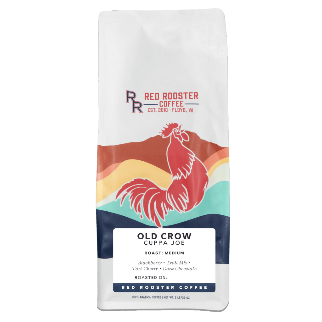 Red Rooster Coffee package with a colorful rooster design on a white background