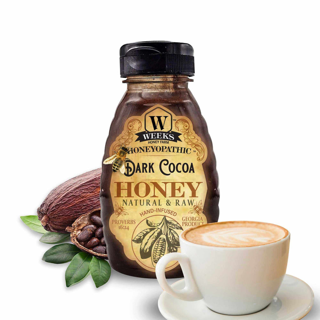 premium honey supplements in dark cocoa flavor from Weeks Honey Farm with coffee cup