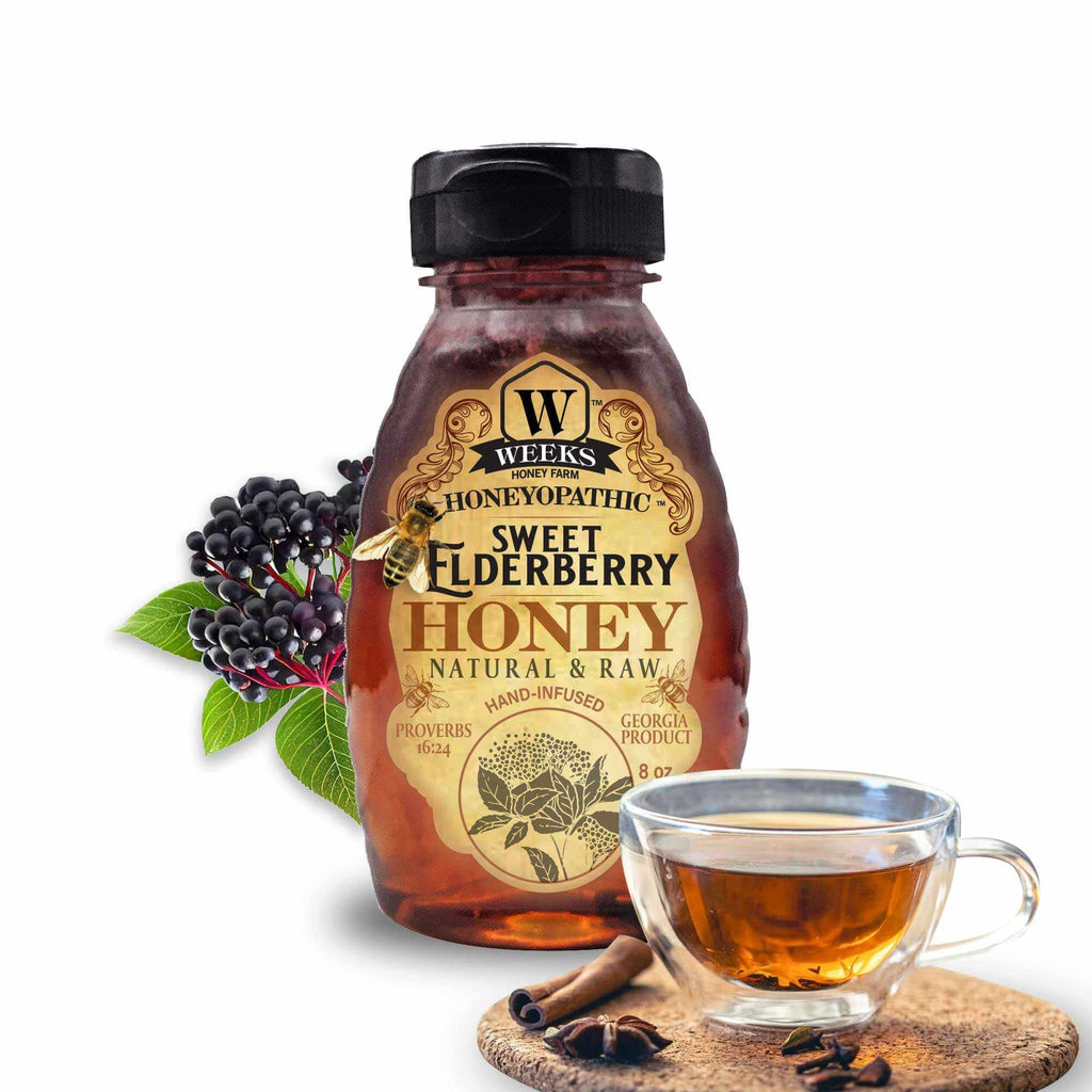 premium honey supplements from Weeks Honey Farm, featuring sweet elderberry honey in a glass jar.