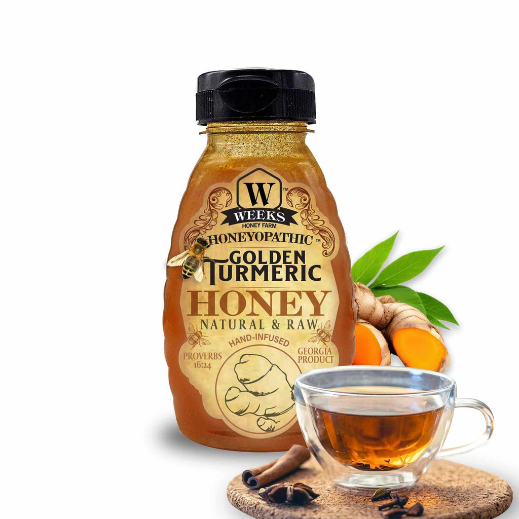 premium honey supplements from Weeks Honey Farm featuring golden turmeric honey.