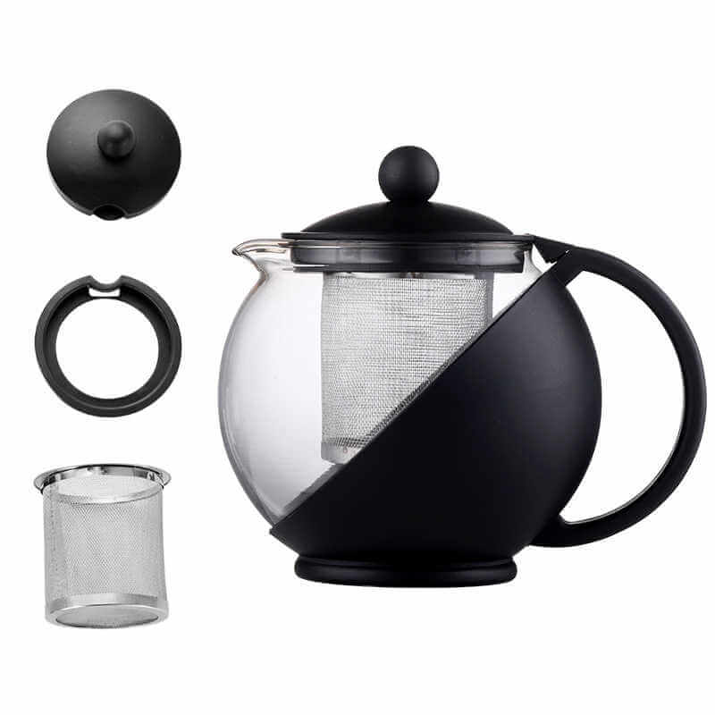 25 oz glass teapot with stainless steel infuser showcasing modern design and functionality.